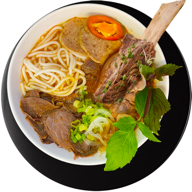 Bun Bo Hue with beef shank, beef rib and thick noodle.
